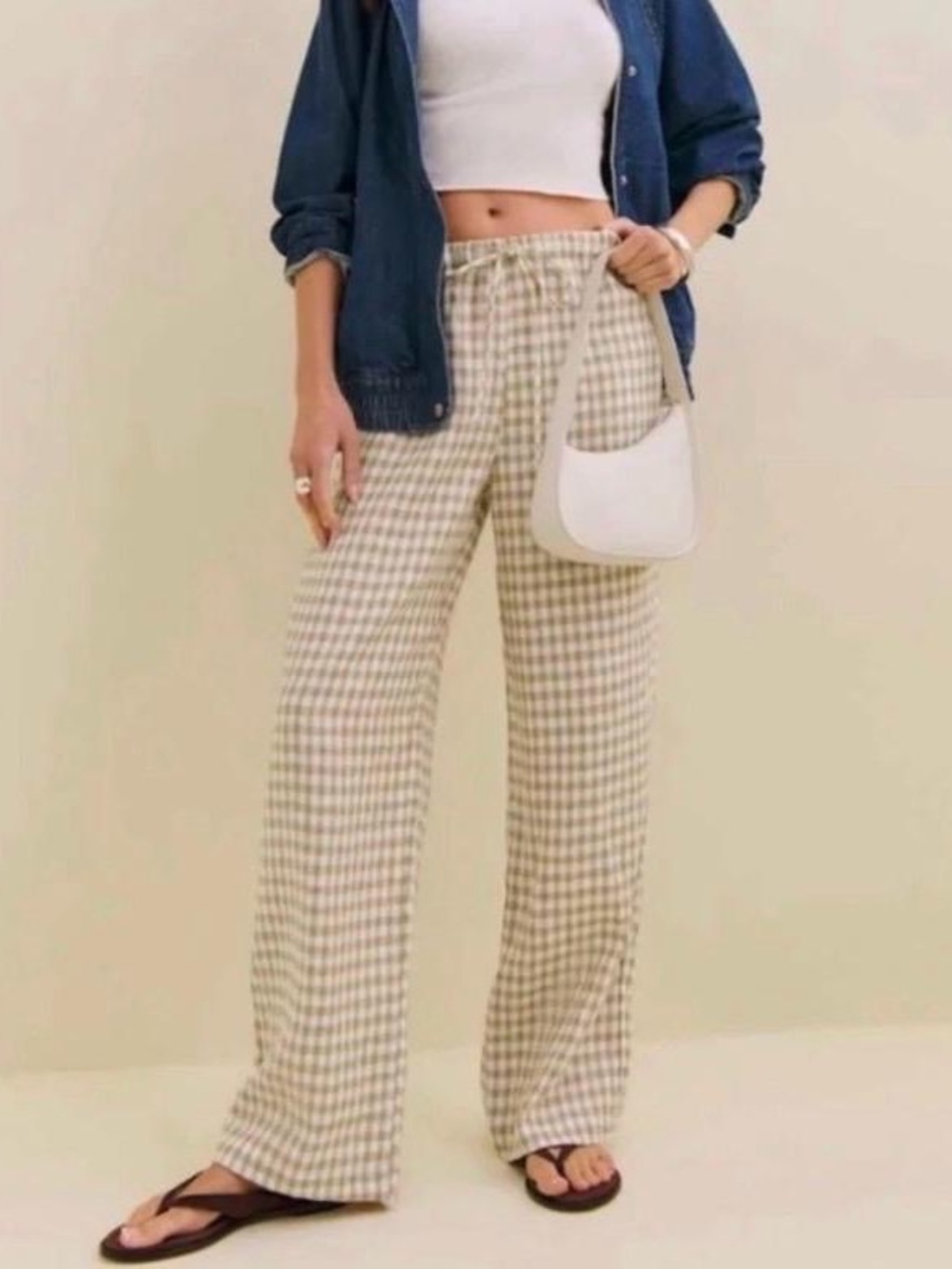 REFORMATION Olina Linen Pant Es In Dunes Check size M